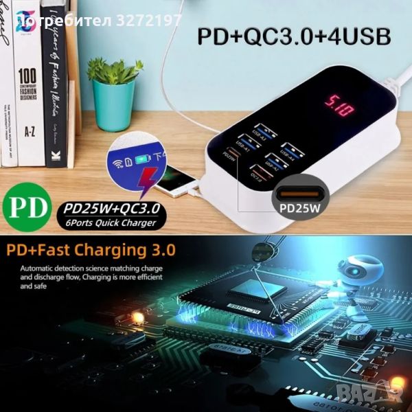 PD QC3.0 Бърза зарядна станция ,USB станция за зареждане на телефон 6 порта, снимка 1