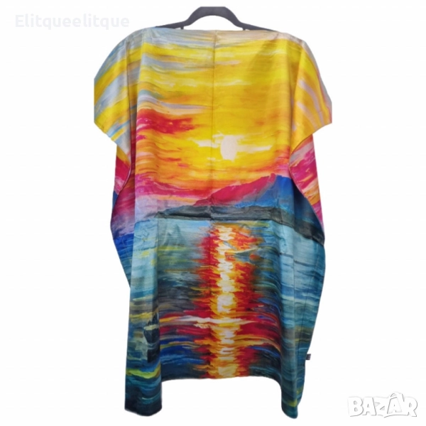 Лятна плажна туника от коприна, с артистични и морски десени, снимка 1