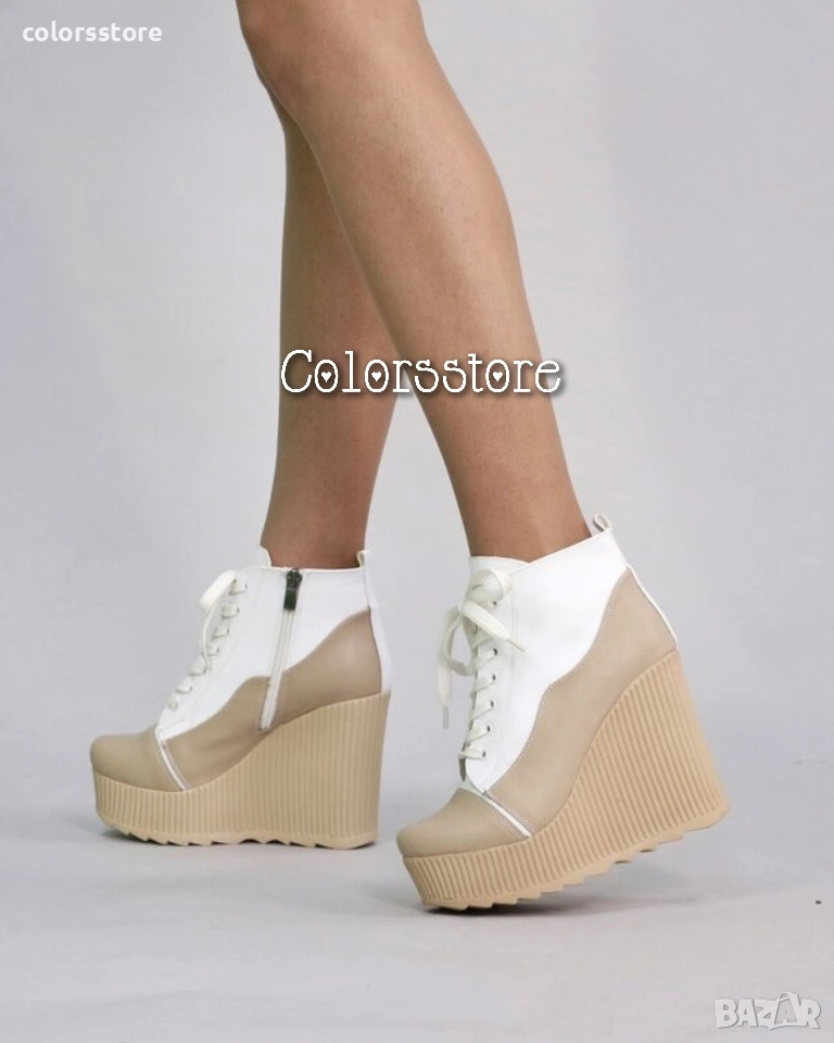 Боти на платформа - бяло с бежово кожа - NO5, снимка 1