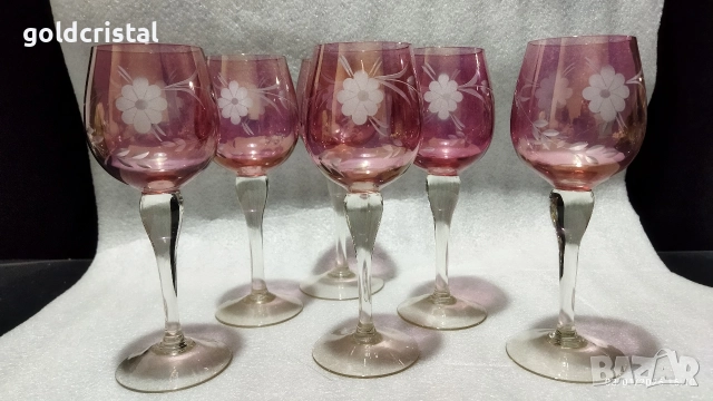 кристални чаши цветен кристал гравиран, снимка 10 - Антикварни и старинни предмети - 20061877