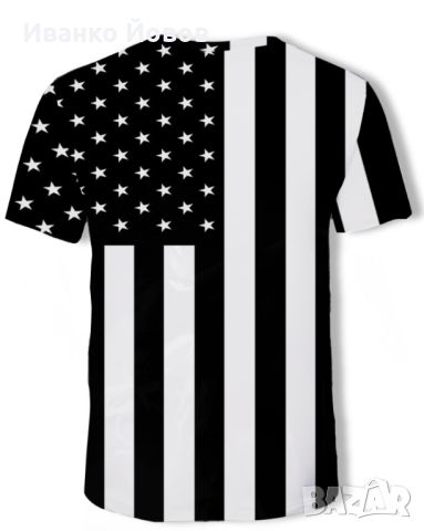 Лятна блуза (тениска, t-shirt) с модерен, небрежен стил,  в класическо черно и бяло с бели звезди, снимка 4 - Блузи - 46373881