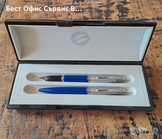писалка и химикалка Сапи Sapi комплект сребро със синьо Италия в кутия