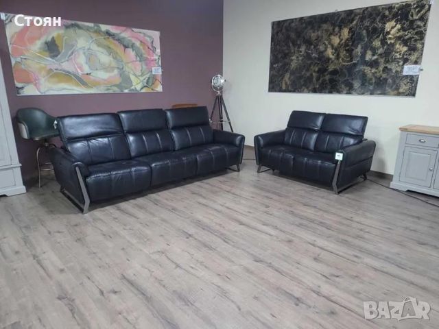 Дизайнерски черни кожени дивани тройка и двойка, снимка 1 - Дивани и мека мебел - 46474989