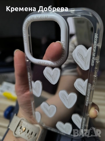 огледален калъф с бели сърца iPhone 14pro , снимка 3 - Калъфи, кейсове - 54033238