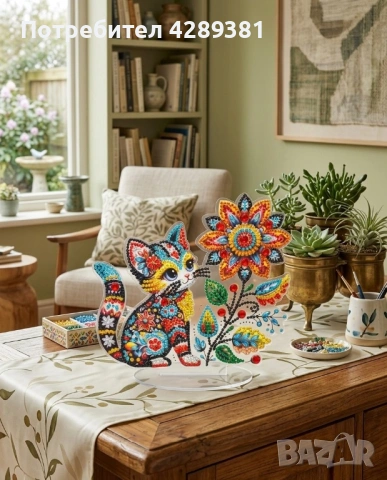 Арт Диамантен Гоблен „Магическо коте“ – Свободностояща фигура на стойка 🐾🌸