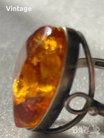 Антикварен съветски сребърен пръстен с кехлибар , снимка 3 - Пръстени - 53260437