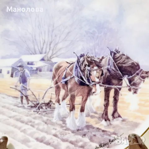 Декоративна порцеланова чиния с тема Working Horses - Autumn - Ploughing , снимка 3 - Антикварни и старинни предмети - 48762642