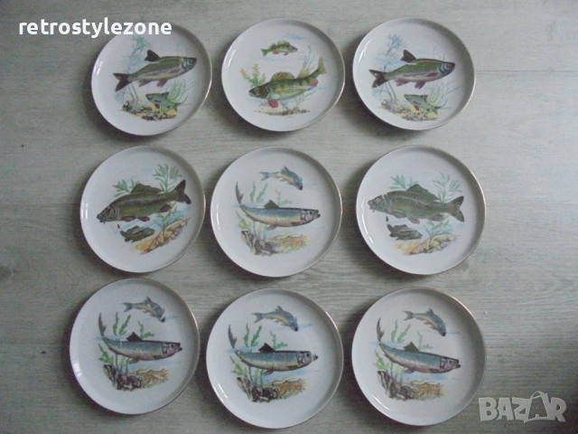 № 8467 Сет от 9 порцеланови чинии с илюстрации на риби  Colditz Germany, снимка 5 - Други ценни предмети - 53220811