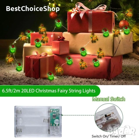 20 LED вътрешни весели светлини, 2м, Гринч и еленчета, снимка 5 - Лед осветление - 53913235
