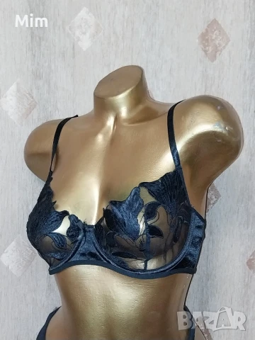 85 B/C Черен сатенен сутиен с бродерия , снимка 3 - Бельо - 51425536