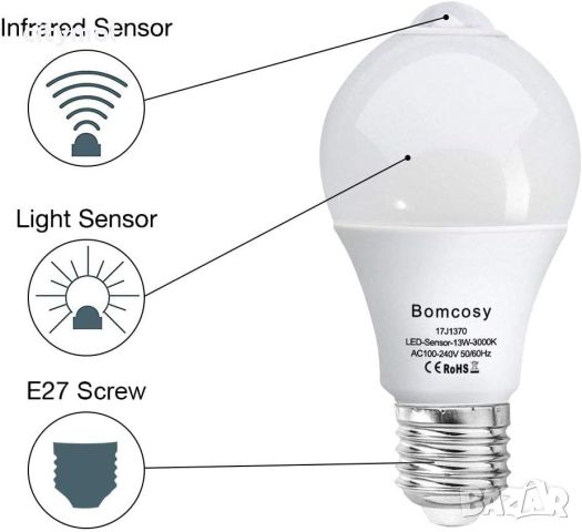 Bomcosy, 13 W B22 LED лампа с интелигентен сензор, автоматично включване/изключване, снимка 1 - Лед осветление - 46197743