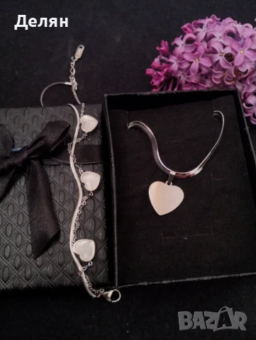 Колие и гривна със сърце от медицинска стомана. Цвят на сърцата на гривната: бял, черен, снимка 2 - Колиета, медальони, синджири - 51143617