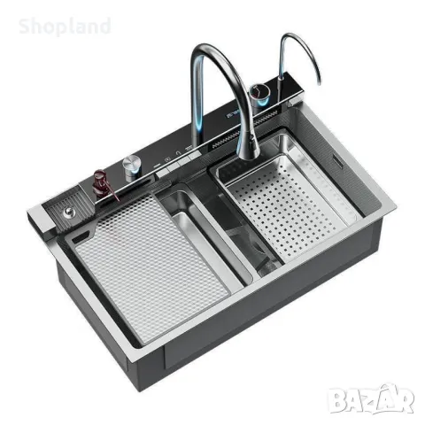 Модерна многофункционална кухненска мивка с LED цифров дисплей и водопаден смесител