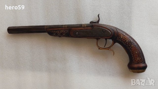 Капсулен пищов в отлично състояние-гравирана цев и златни набивки ,револвер, ятаган,сабя,щик, снимка 1