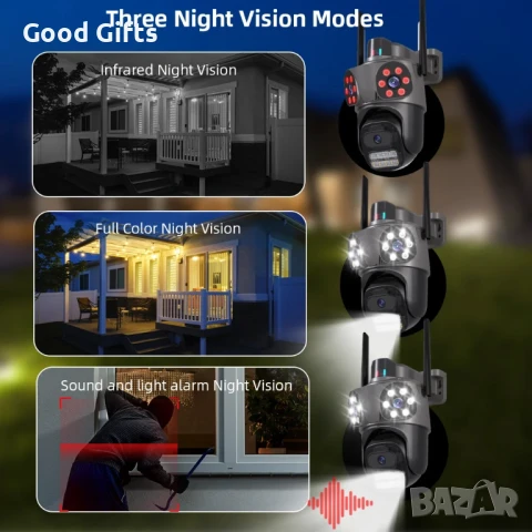 WiFi PTZ охранителна камера с 3 обектива, 4MP резолюция, AI проследяване и нощно виждане – външна, в, снимка 6 - Други - 51250803