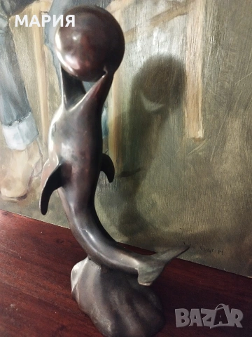 Бронзова скулптура 28см - делфин с топка, снимка 4 - Антикварни и старинни предмети - 53396493