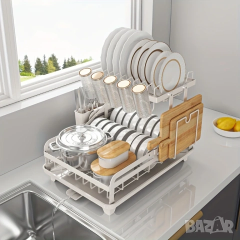 Сгъваем сушилник за съдове, 2 нива с автоматична поставка за отцеждане