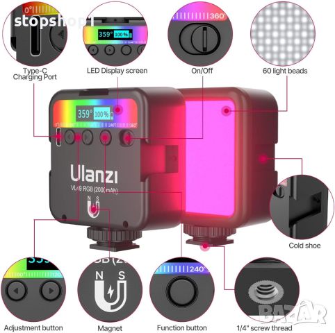 ULANZI VL49 RGB видео светлини, LED светлина за камера 360° Пълноцветно преносимо фотографско осветл, снимка 6 - Светкавици, студийно осветление - 46673391