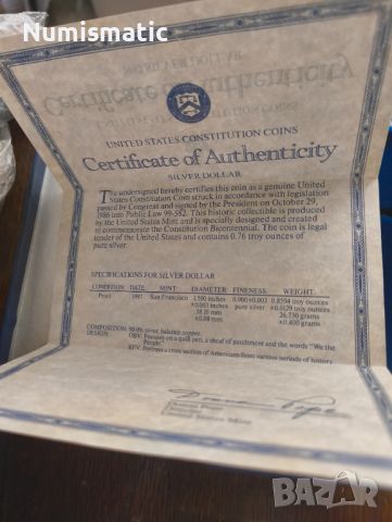 Сребърен долар със сертификат - 1987, 200 години Конституция, снимка 2 - Нумизматика и бонистика - 46412698