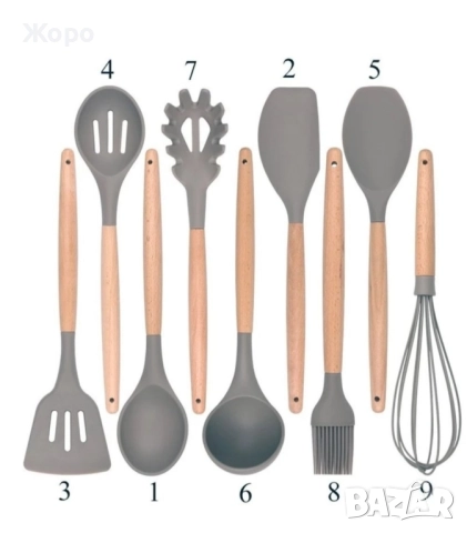 Комплект 12 прибора от силикон с дървена дръжка с поставка , снимка 6 - Прибори за хранене, готвене и сервиране - 52480694