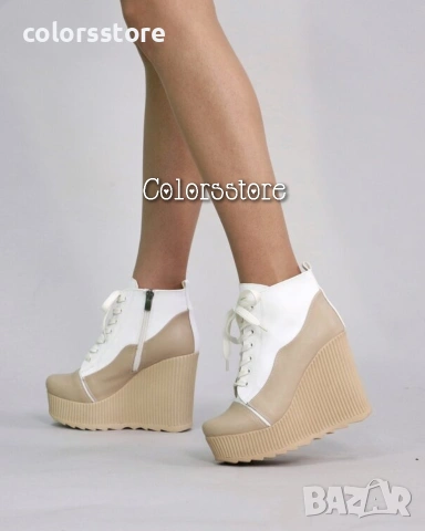 Боти на платформа - бяло с бежово кожа - NO5