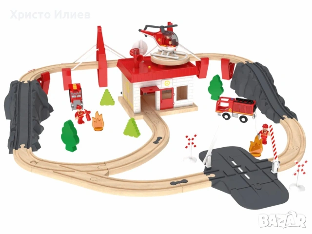 Дървена железница дървен влак с релси с пожарна противопожарна станция, снимка 3 - Образователни игри - 53793741
