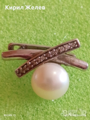 Сребърна обеца с малка перла и инкрустирани кристали стил и елегантност 39771, снимка 6 - Обеци - 52623146