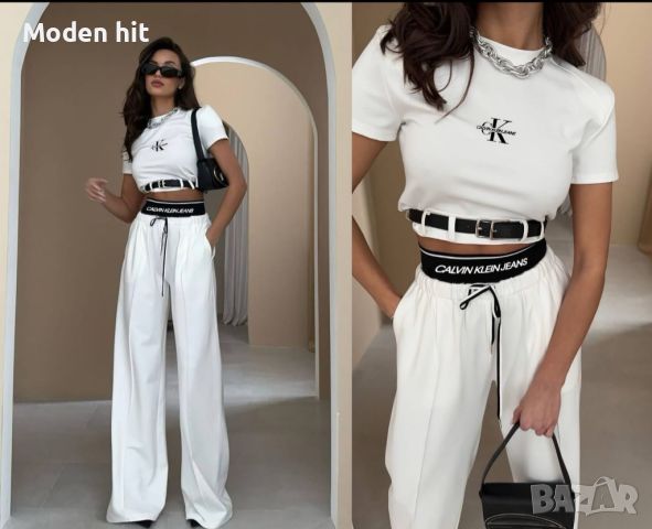 Calvin Klein дамски комплект панталон с висока талия и широк крачол и къс топ висок клас реплика, снимка 6 - Комплекти - 46350845