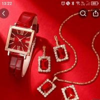 Eлегантен комплект-дамски часовник с  кварцов механизъм аналогов ръчен от PU кожа и комплект бижута, снимка 4 - Бижутерийни комплекти - 45449704