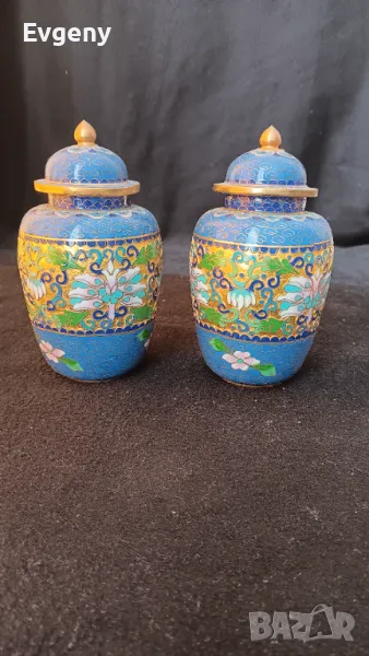 2 красиви вази емайл клоазон височина 15 см, снимка 1