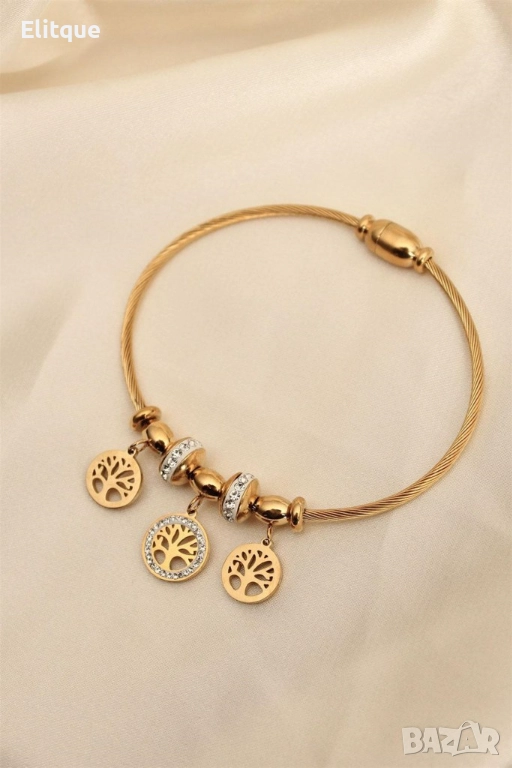 Дамска твърда гривна от медицинска стомана с висулки Дървото на живота и елементи с камъни цирконии, снимка 1