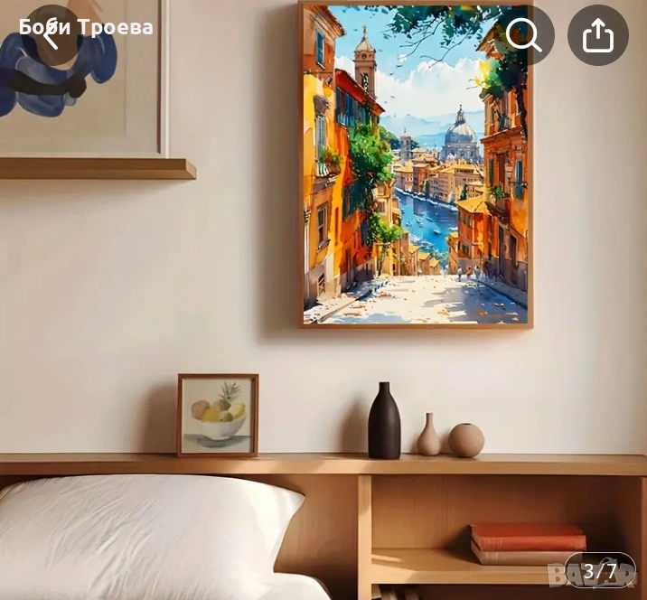 Италиански пейзаж-средиземноморска сцена с червени тухлени къщи, лодки и цветя, снимка 1