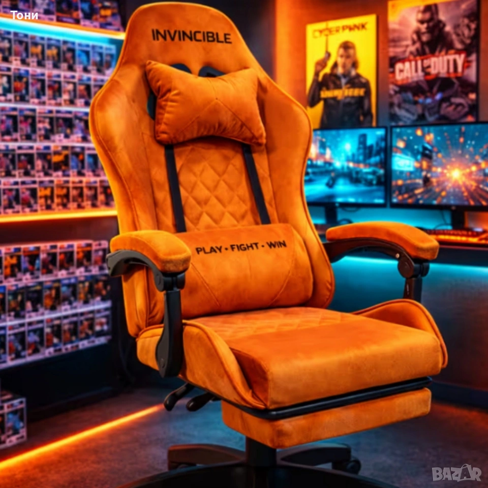 Оранжев велурен геймърски стол с поставка за крака – ергономичен, метална рамка, снимка 1