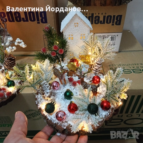горска къщичка с лед лампи върху дървена шайба , снимка 2 - Декорация за дома - 52720941