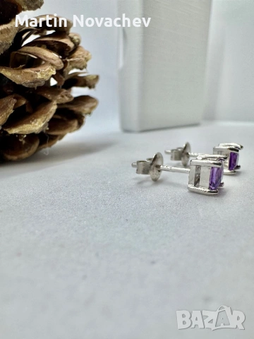 Сребърни обеци с естествен аметист, снимка 11 - Обеци - 53438246