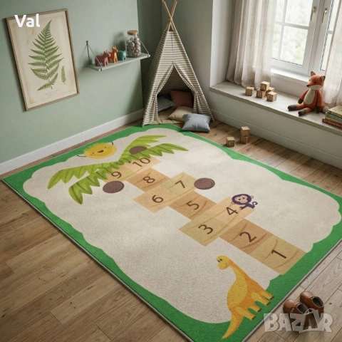 Детски килим за игра 120х160см - Бял килим с динозавър и дама-палма, противоплъзгащ и миещ се, снимка 6 - Килими - 53932068