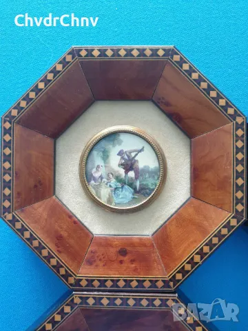 4бр малки кръгли картини/барокови миниатюри/картина в октагонална дървена рамка с интарзия 18см, снимка 2 - Картини - 50318736
