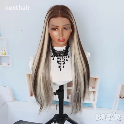 Лейс фронт перука 80 см руса с кафяви кичури – синтетична 13х4х1, снимка 4 - Аксесоари за коса - 52851128