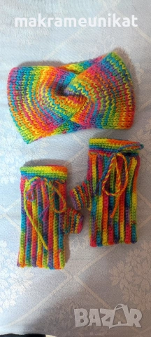 Лот шапка, ръкавици без пръсти, и лента за глава, нов, ръчно плетиво , снимка 5 - Декорация за дома - 52774173