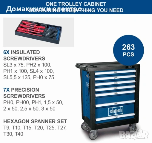Автосервиз комплект инструменти количка от 263 части  Scheppach TW1000 домашен майстор, снимка 2 - Клещи - 53385478