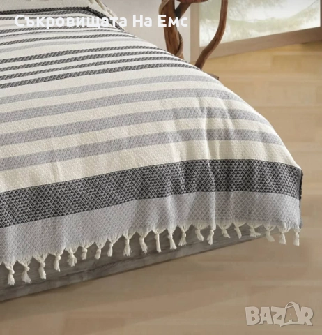 Двойно Покривало за Легло Естествено Пике с завършек на пискюли 100% Памук  210х240см , снимка 3 - Покривки за легло - 52160103