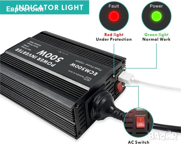 ECM 500 W модифициран синусоидален захранващ инвертор DC 12 V към AC 230 V, снимка 8 - Аксесоари и консумативи - 46574884