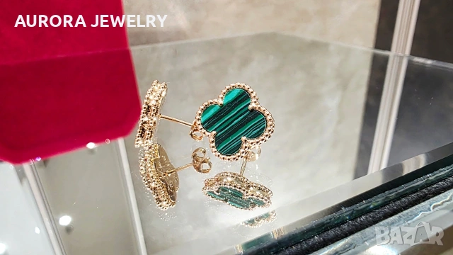 Van Cleef & Arpels VCA Rose Gold Green Malachite Vintage Alhambra Дамски Обеци, снимка 4 - Обеци - 54200120