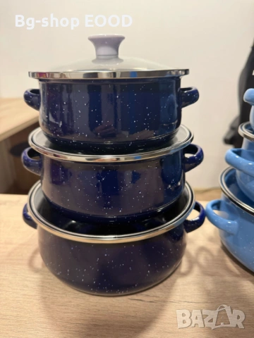 ПРОМО!! Комплект от 3 броя Емайлирани Тенджери + Стъклени Капаци