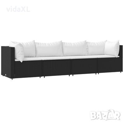 vidaXL Градински лаундж комплект с възглавници 4 части черен полиратан（SKU:319736, снимка 1 - Градински мебели, декорация  - 45255650