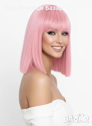 Нова Къса розова перука с бретон за аниме Хелоуин ежедневие Коса жени, снимка 6 - Аксесоари за коса - 52248125