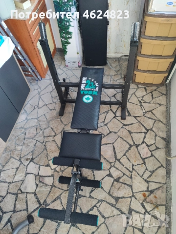 Мултифункционална сгъваема лежанка + прав лост + тежести + ръкохватки за дъмбели