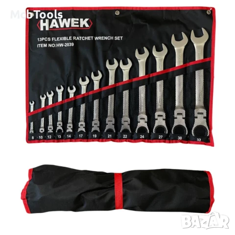 Комплект звездогаечни тресчотни ключове с чупещо рамо 8 – 32 мм 13 части Hawek, снимка 2 - Други инструменти - 50826406