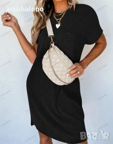 Ежедневна дамска рокля с джоб с къси ръкави и контрастни вълнообразни райета, 8цвята , снимка 11 - Рокли - 49494573