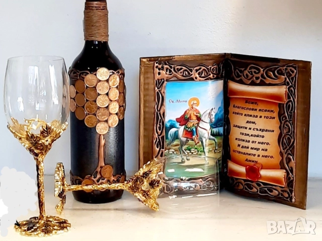 Икона Св. Мина с пожелание и бутилка Дървото на живота, снимка 2 - Подаръци за имен ден - 52271594